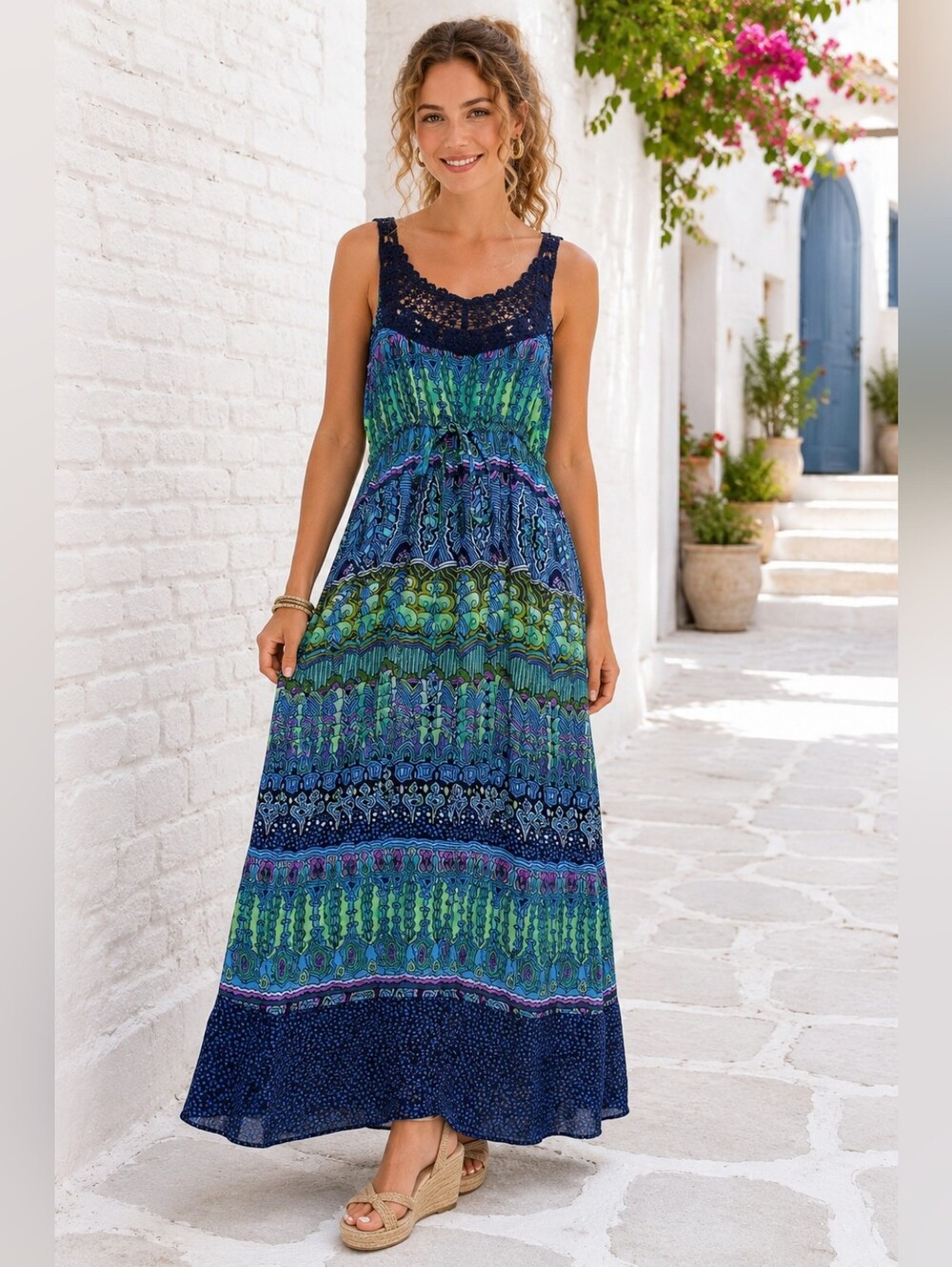 Bila Boho Crochet Maxi Dress Large Resort Beach Vacation Coastal Cruise Summer